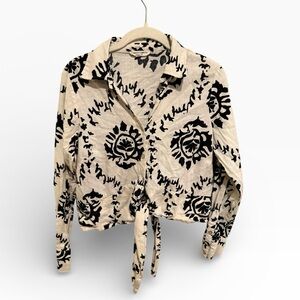 Christian Siriano Linen Blend Black & White Patterned Shirt w/ Bottom Tie - M